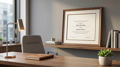 Framed generic diploma-style certificate displayed in a modern professional office