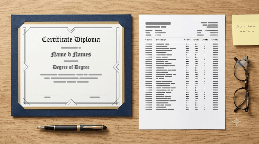 Generic certificate and academic transcript side by side on an office desk