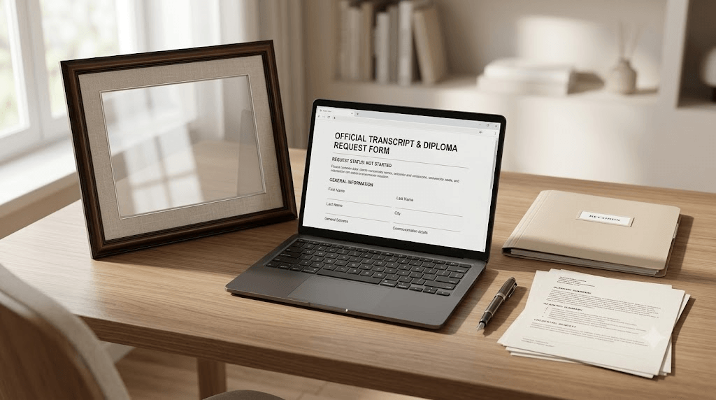 Framed academic document and official record papers on a desk for replacing a lost college diploma